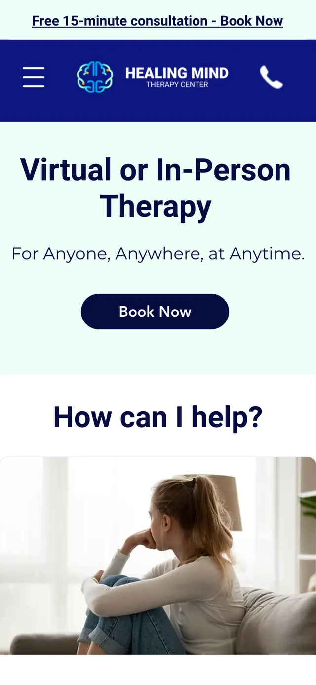 Healing Mind Therapy Center home page on a phone