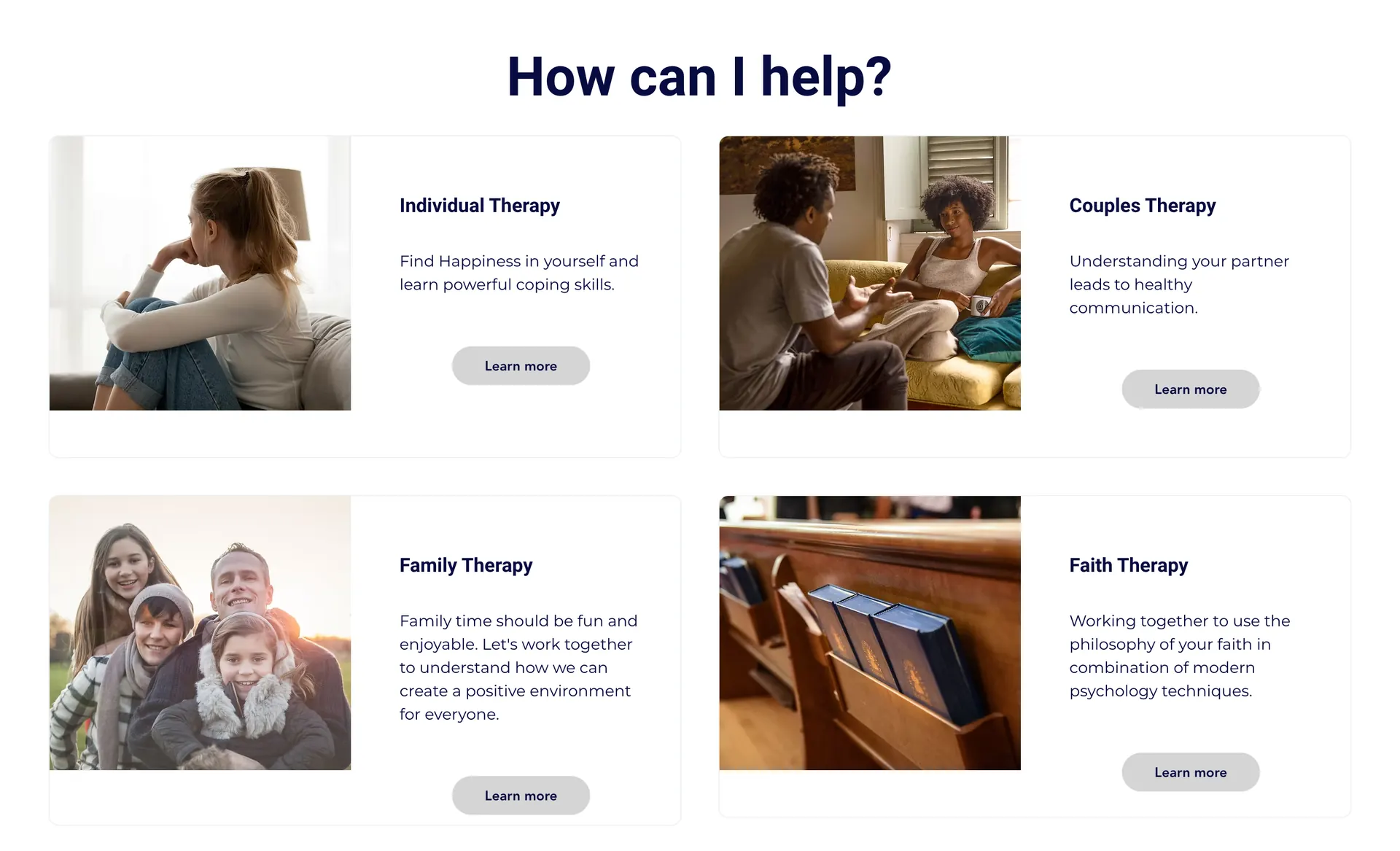 “How can I help?” section with individual, couples, family and faith therapy cards