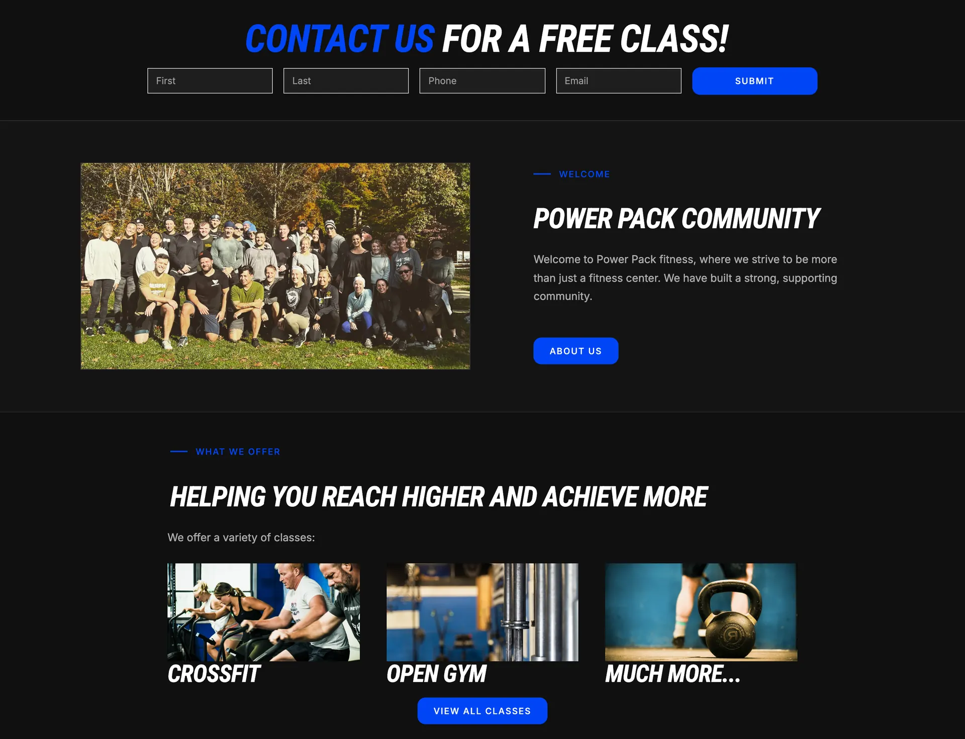 “Contact us for a free class” form above the Power Pack community section and class offerings