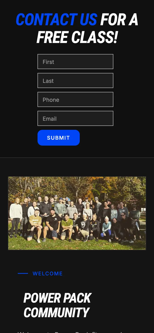 The “Contact us for a free class” form on a phone, above the Power Pack community section