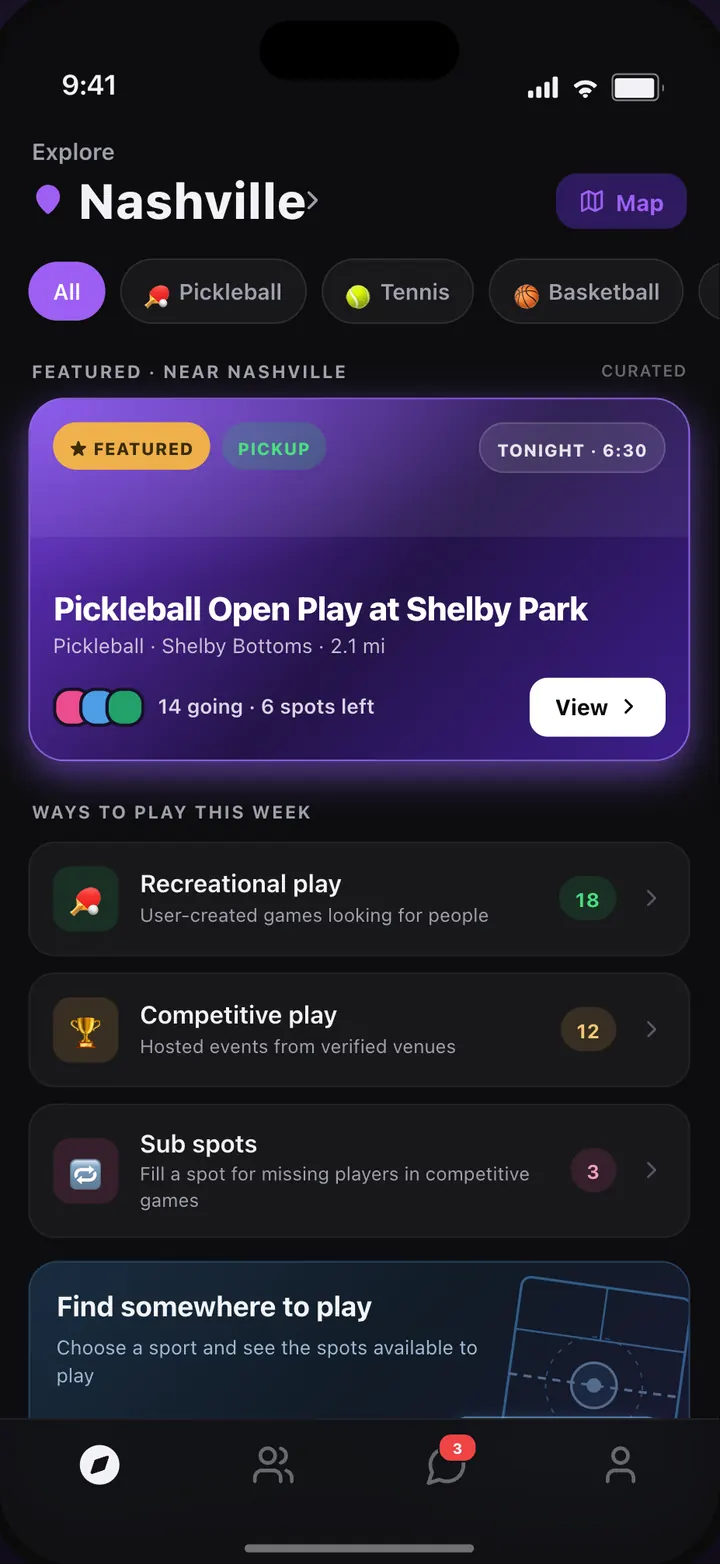 Recplay Explore screen with sport filters, a featured pickup game and ways to play this week