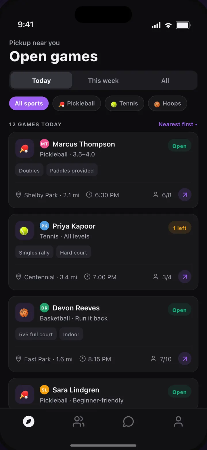 Recplay list of open pickup games today with sport, level, time and spots