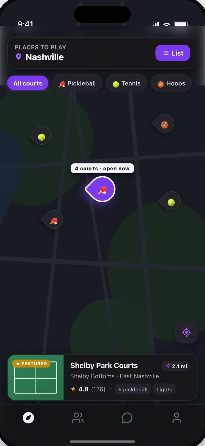 Recplay map of places to play with court pins and a featured court card