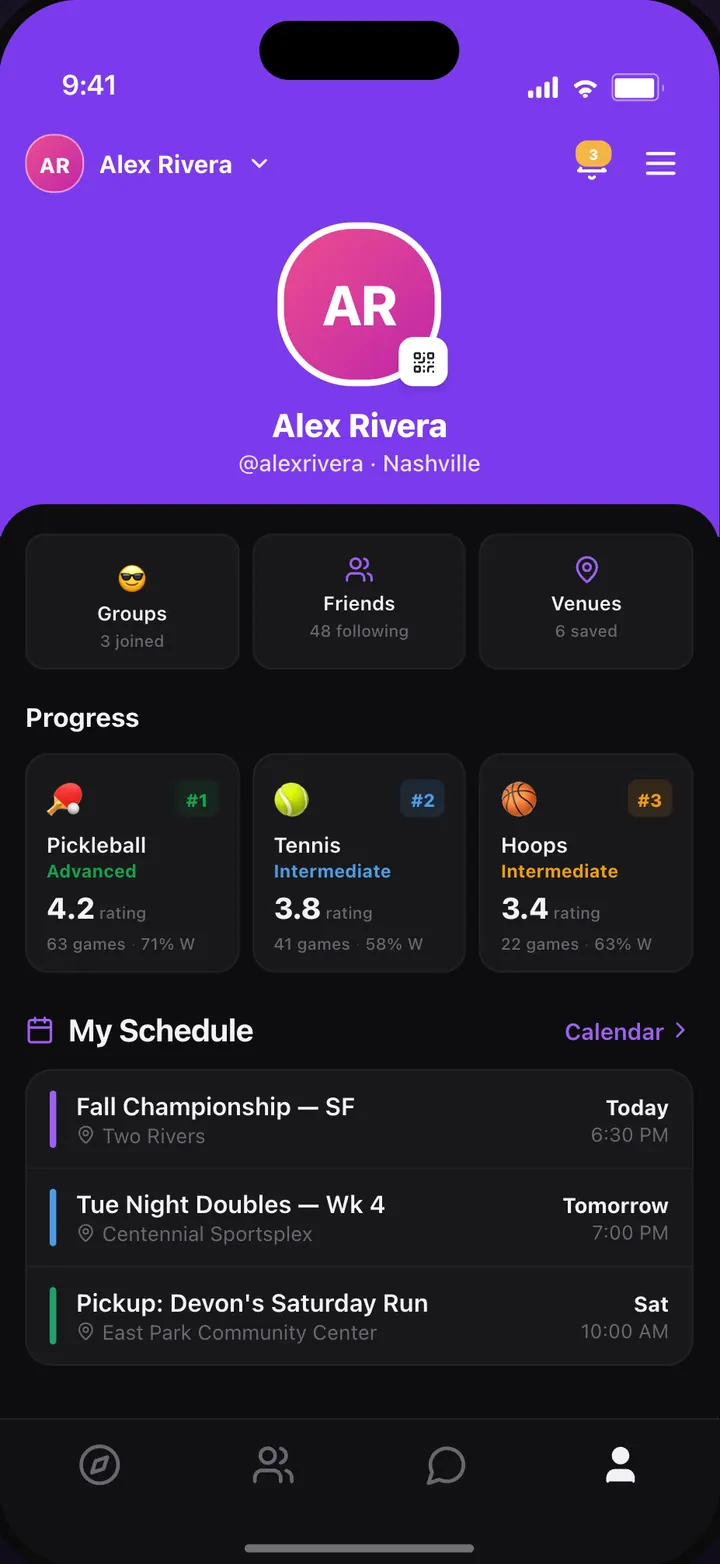 Recplay player profile with sport ratings and an upcoming schedule
