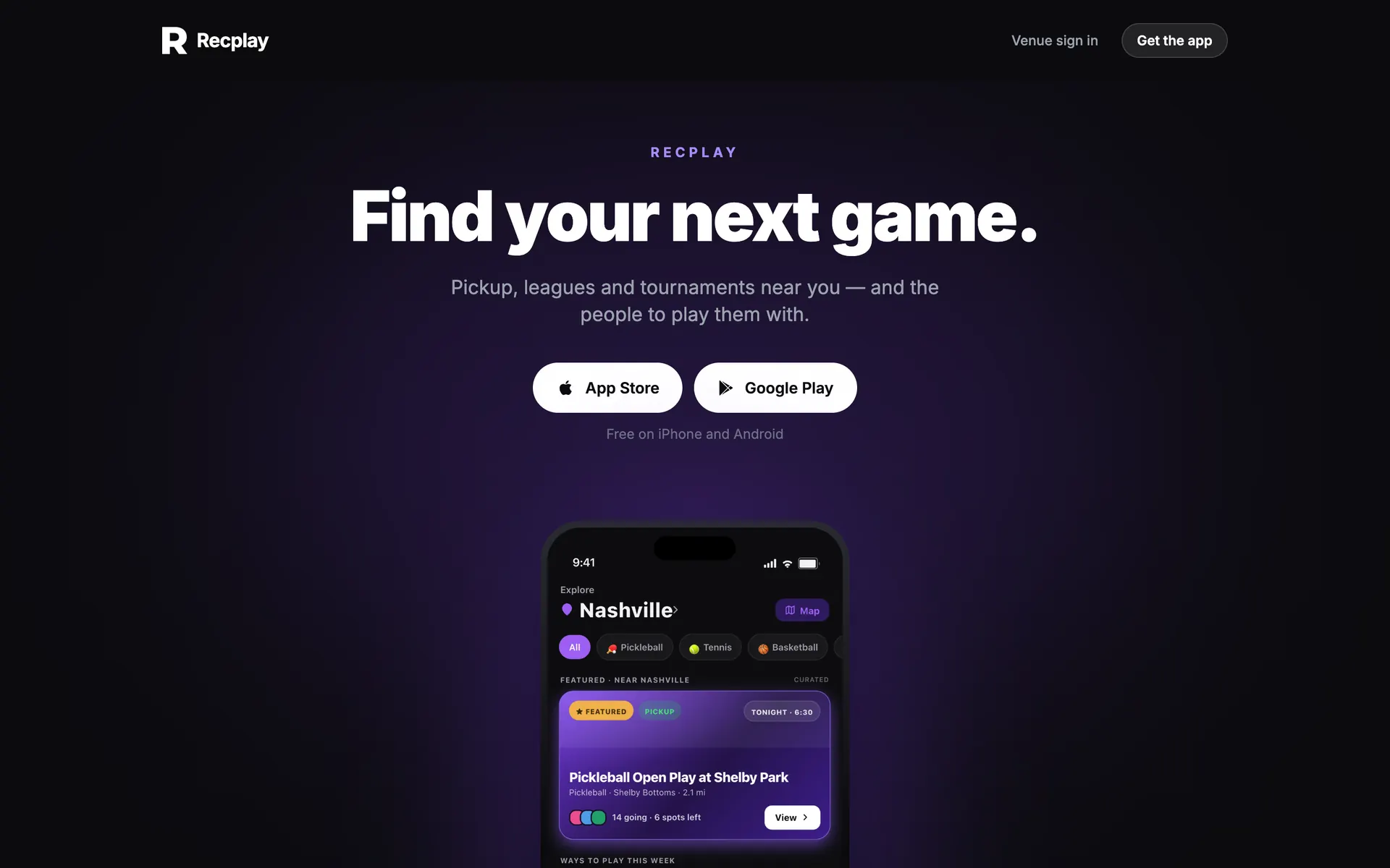 Recplay home page: “Find your next game.” with App Store and Google Play buttons above a phone showing the app