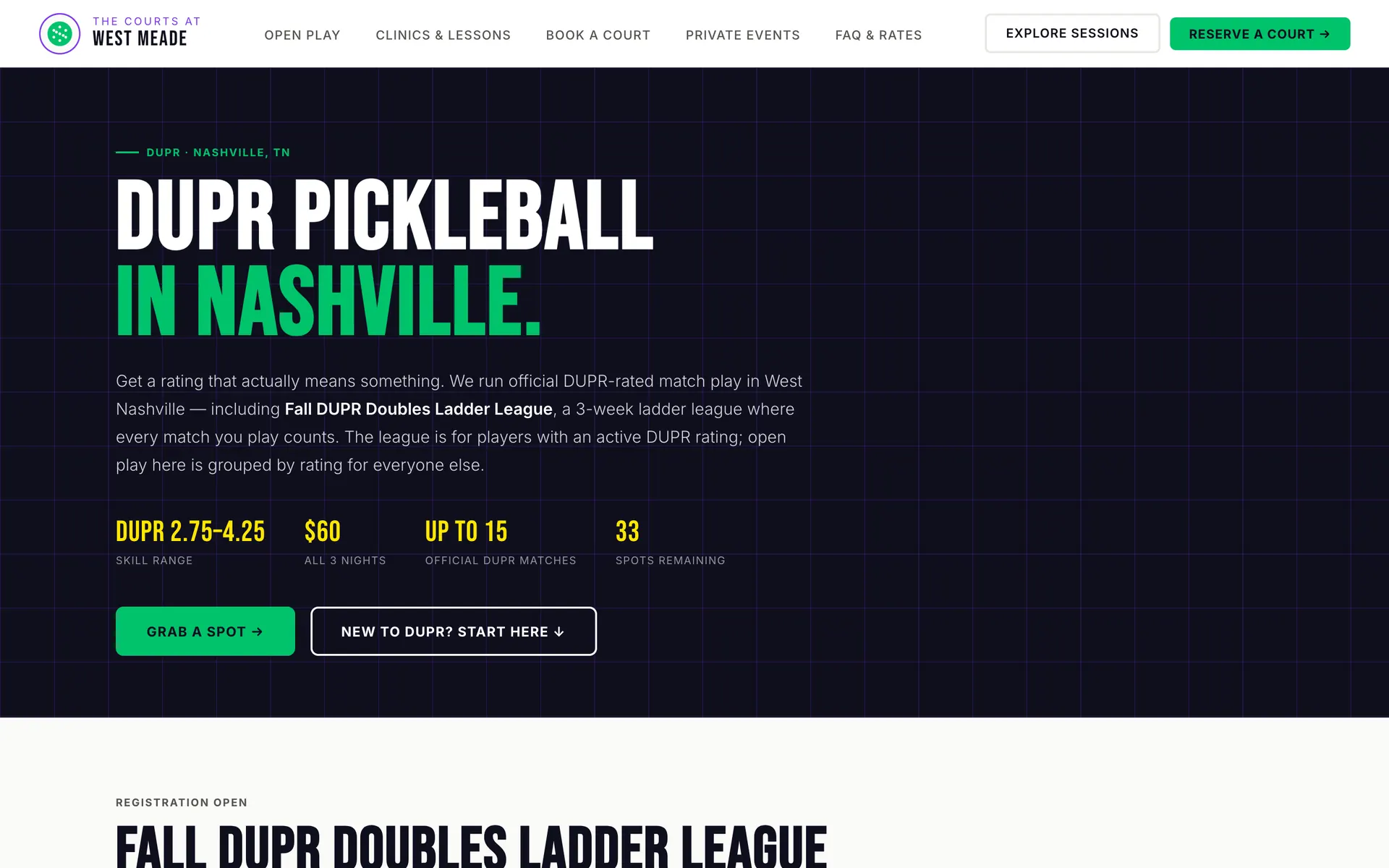 “DUPR pickleball in Nashville” landing page hero with skill range, price, match count and spots remaining