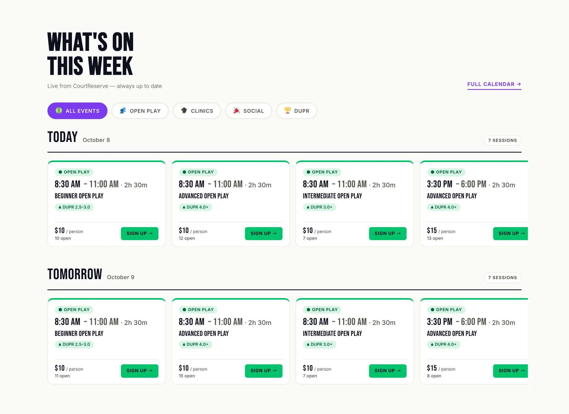 “What’s on this week” section listing open play sessions with times, DUPR levels, prices and open spots, plus filter pills