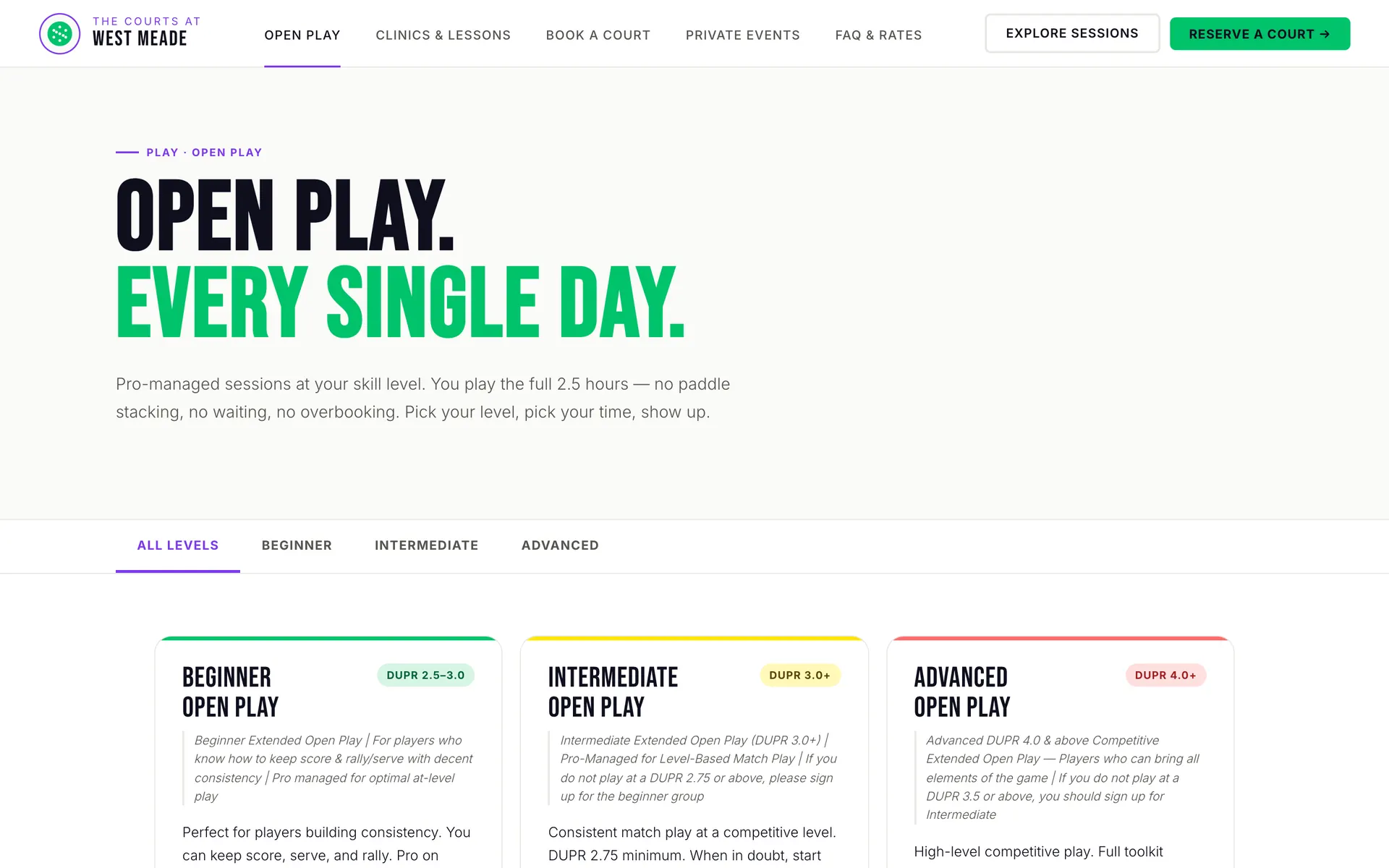 Open play page with level tabs and beginner, intermediate and advanced session cards
