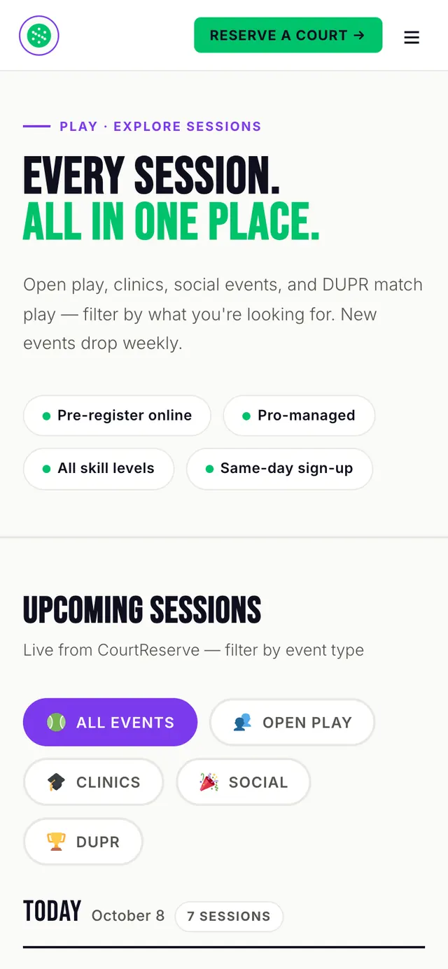 Explore sessions page on a phone with event-type filter pills